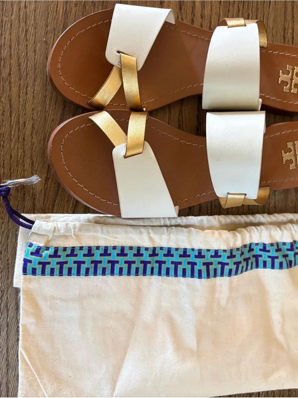 Tory Burch White Leather Slides with Gold Accents